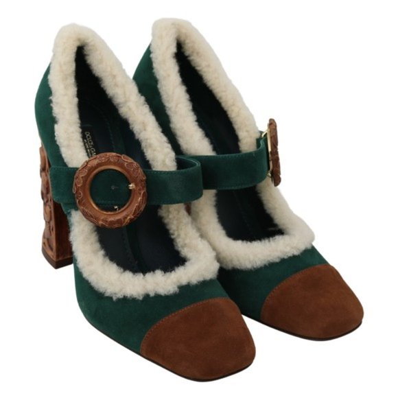 Dolce & Gabbana Green Suede Fur Shearling Mary Jane Shoes - Picture 5 of 6